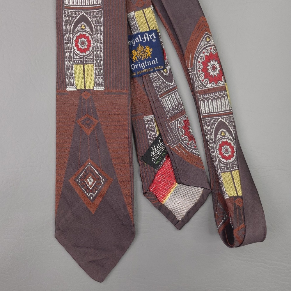 Vintage 40s Regal-Art Tie Mens Brown Rayon Art Deco Church Jacquard Short